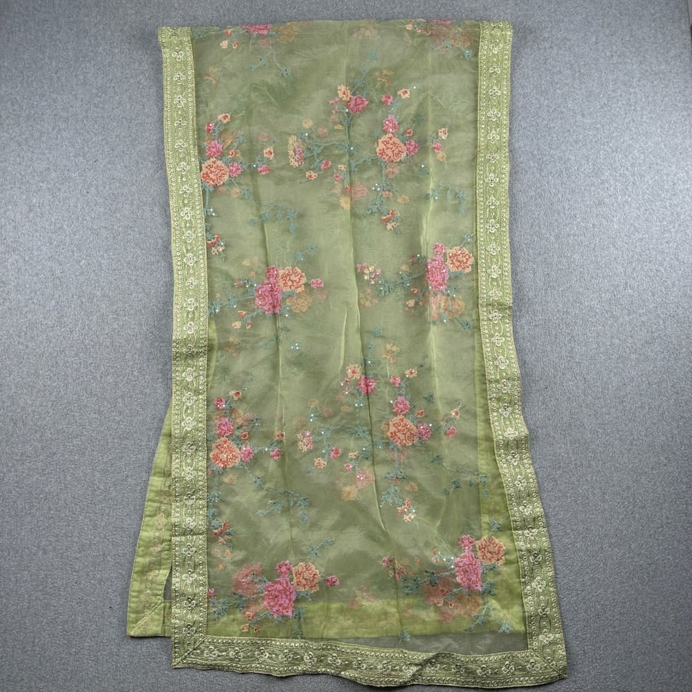 Scarf Wrap Womens OS Sage Green Floral Embroidered Sequin Sheer